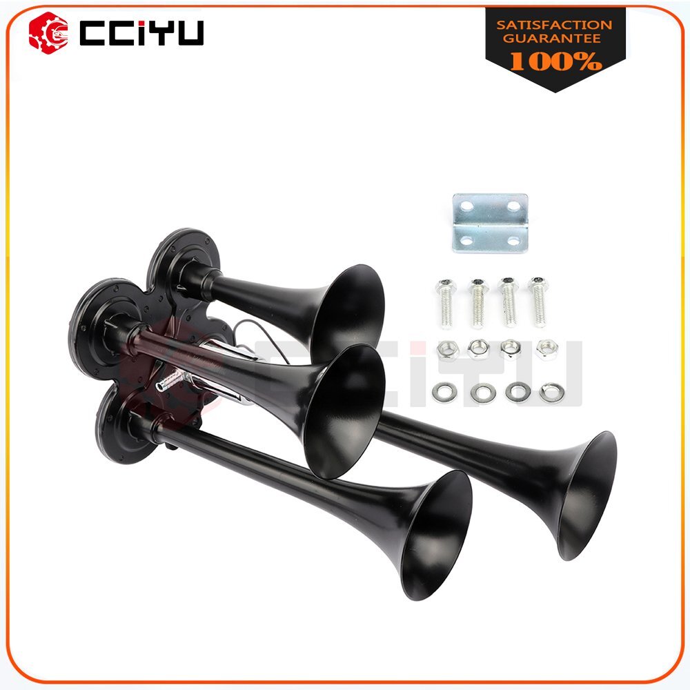 12V 185db Loud Sound 4 Trumpet Black Train Air Horn Kit For Truck Pickup Car