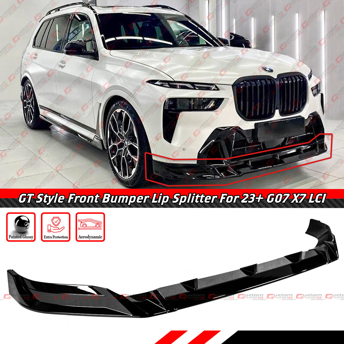 For 2023-25 BMW X7 G07 LCI M Sport GT Style Gloss Black Front Bumper Lip Spoiler