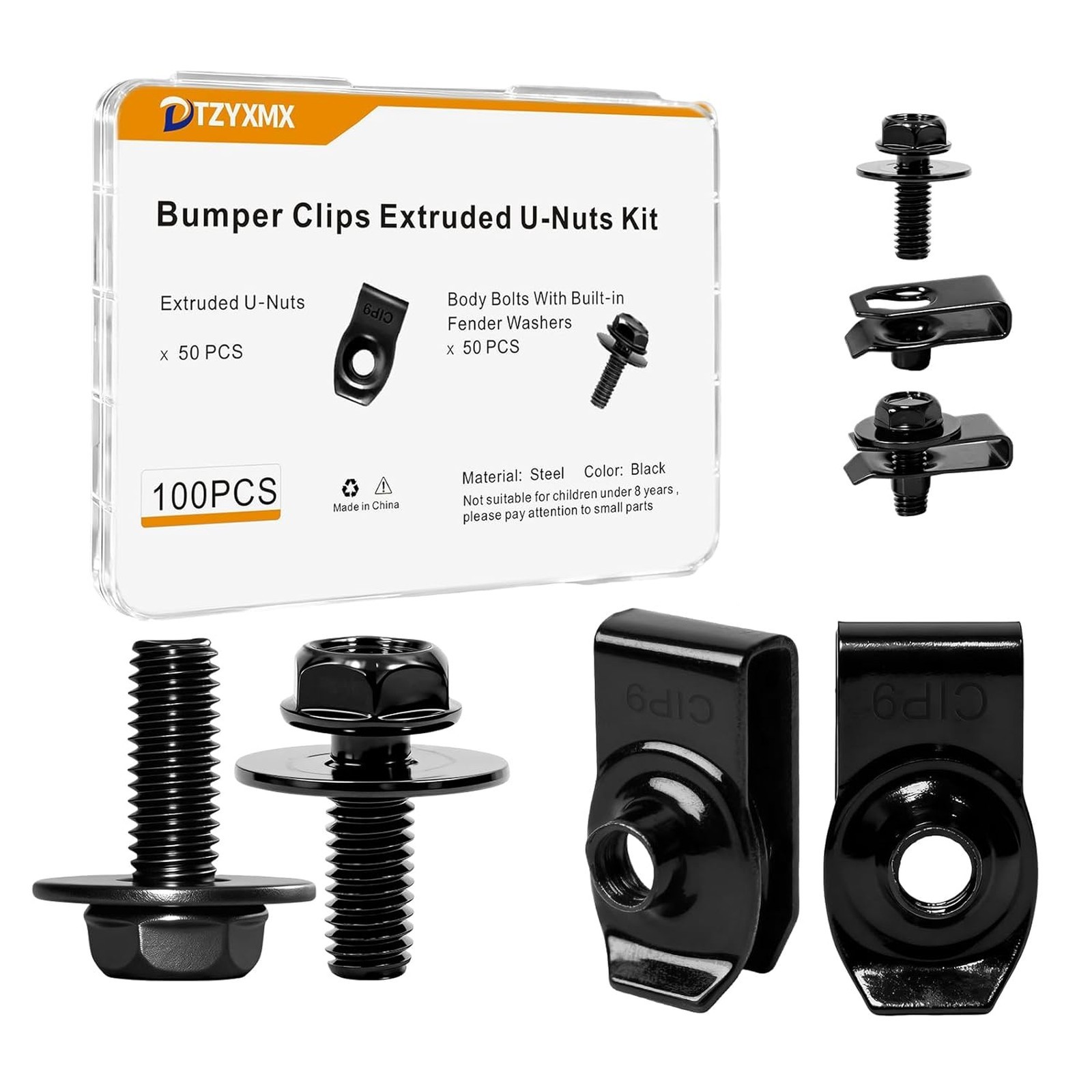 100Pcs M6 1.0 Body Bolts and U Nuts Kits Automotive Fasteners for Bumpers Fender