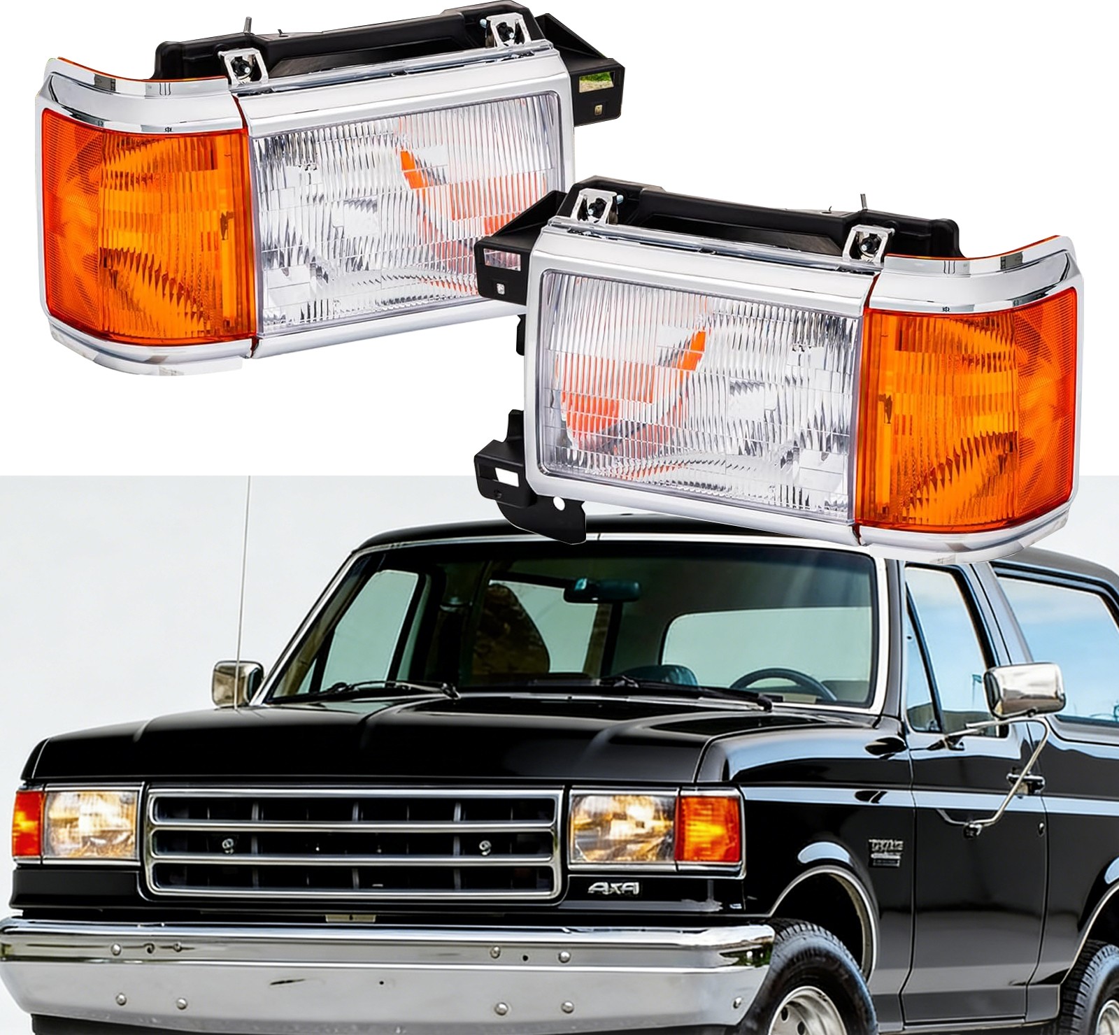 For 1987-1991 Ford F150 F250 Bronco Truck Headlights Chrome Trim Headlamps For 1987-1991 Ford F150 F250 Bronco Truck Headlights Chrome Trim Headlamps