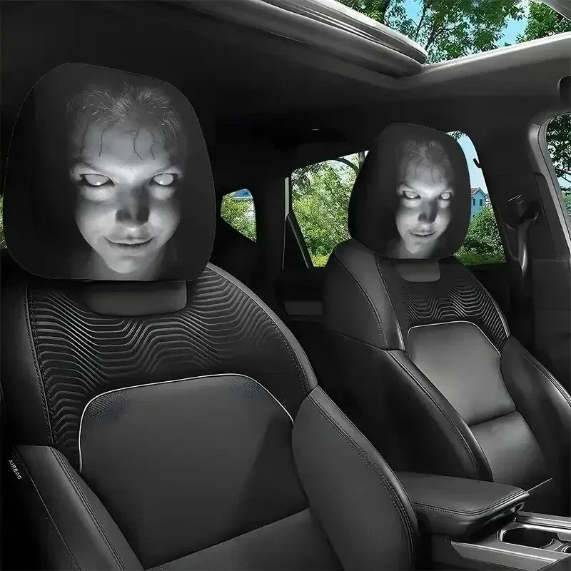 2pcs Ghost Face Headrest Covers,Scary Face Printing Auto Seat Universal Elastic