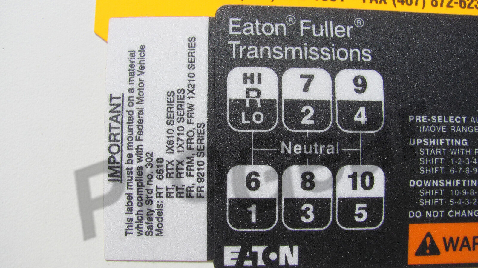 Fuller RT RTX 10 speed transmission shift pattern  20400