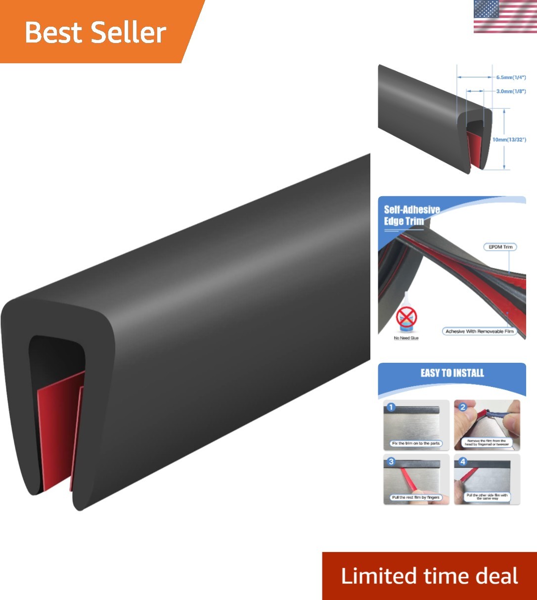 Durable 10ft Rubber Edge Trim - Self-Adhesive U Channel for Safe Edge Protection