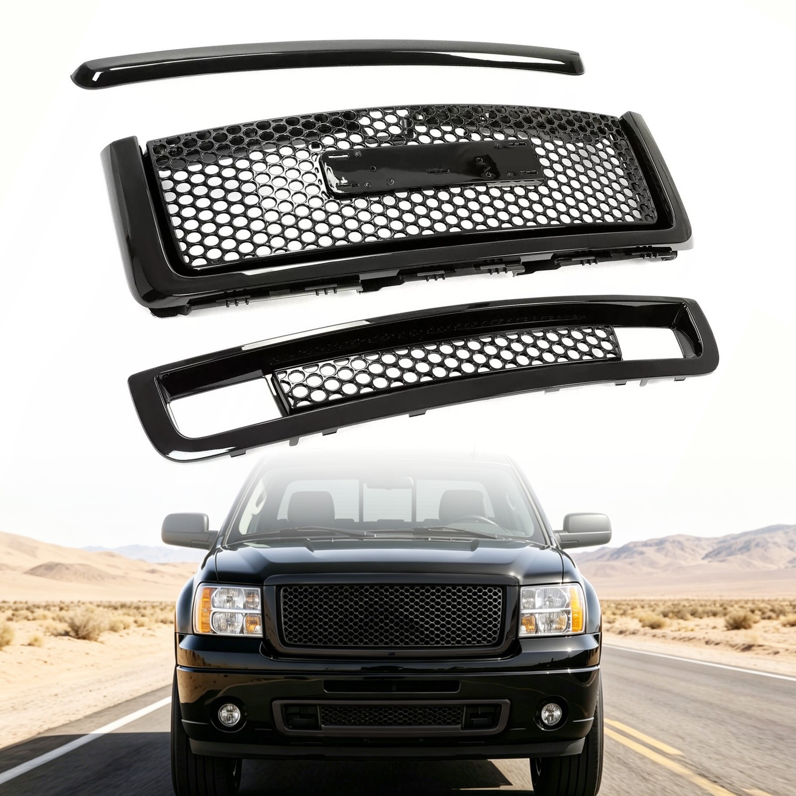 For GMC Sierra 1500 Denali Pickup 2007-2013 Upper Lower Grille Hood Molding 3Pcs