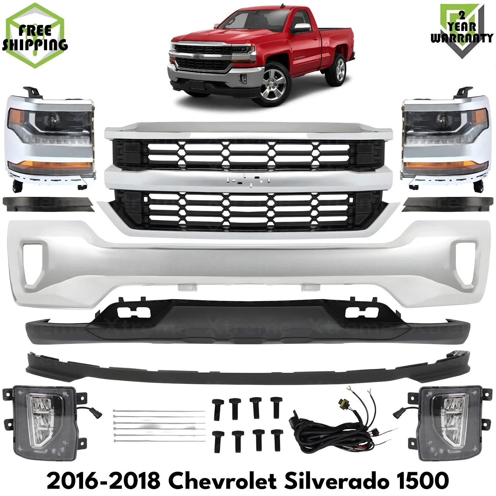 Front Bumper Chrome & Headlights Kit For 2016-2018 Chevrolet Silverado 1500
