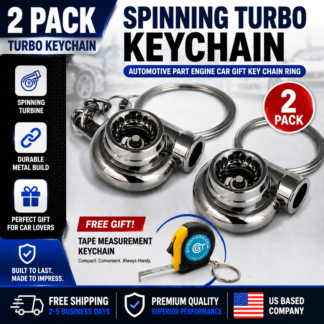 2 PACK Spinning Turbo Keychain Automotive Part Engine Car Gift Key Chain + Tape