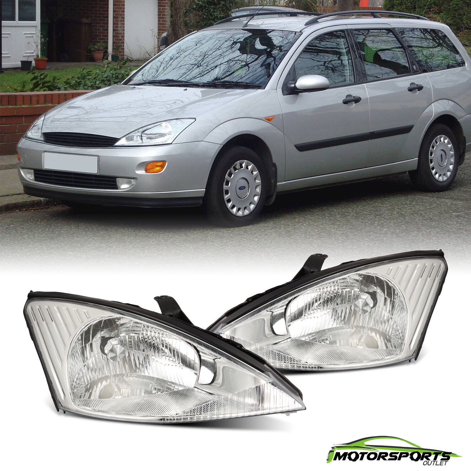 For 2000-2004 Ford Focus Clear Lens Chrome Headlights OE Replacement Pair