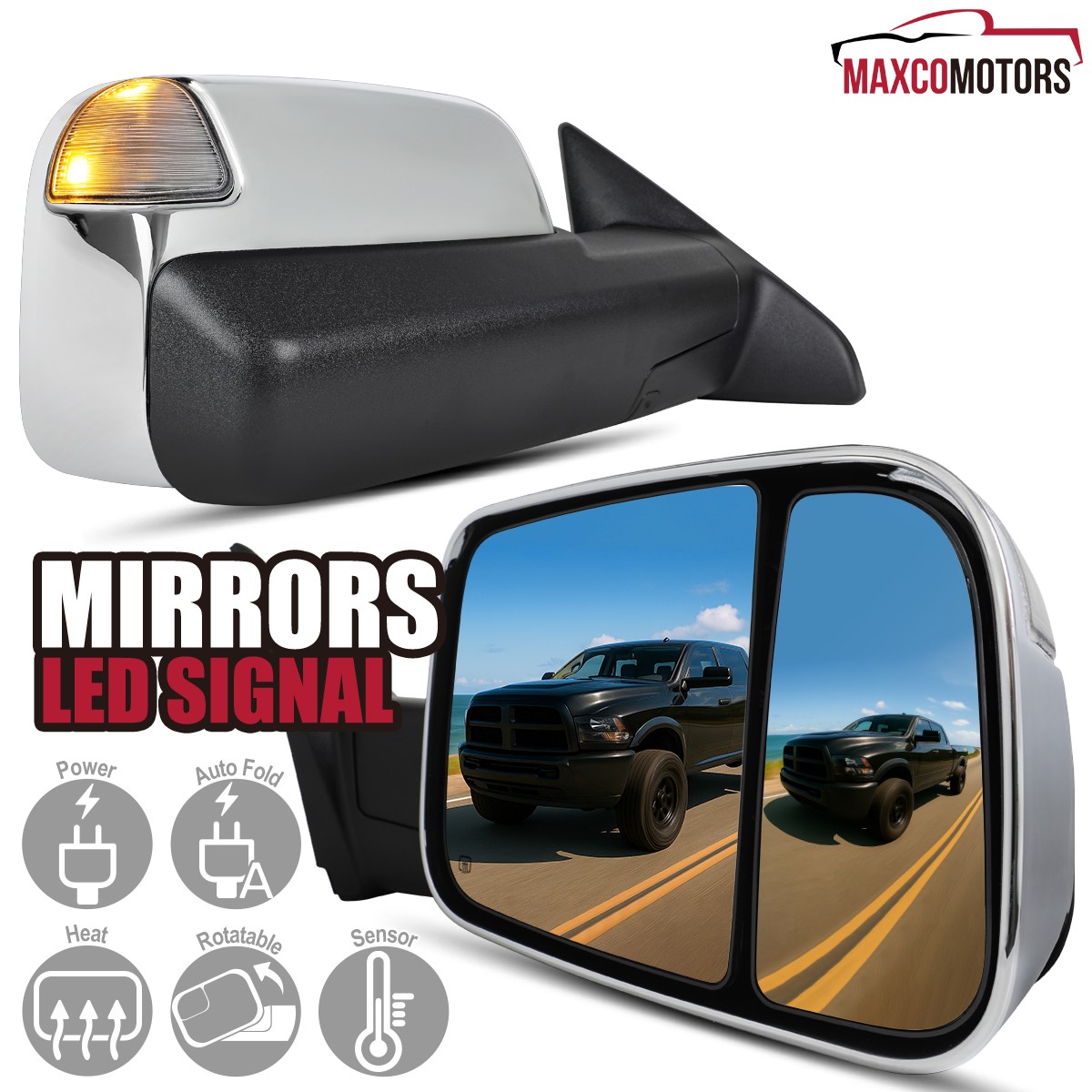 Fits 2013-2018 Ram 1500 Chrome Power Fold+Heated+LED Signal Puddle Tow Mirrors