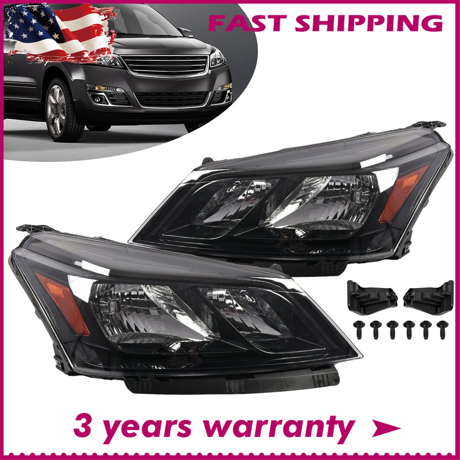Pair Left+Right For 2013-2017 Chevy Traverse Halogen Type Headlights W/Bulb