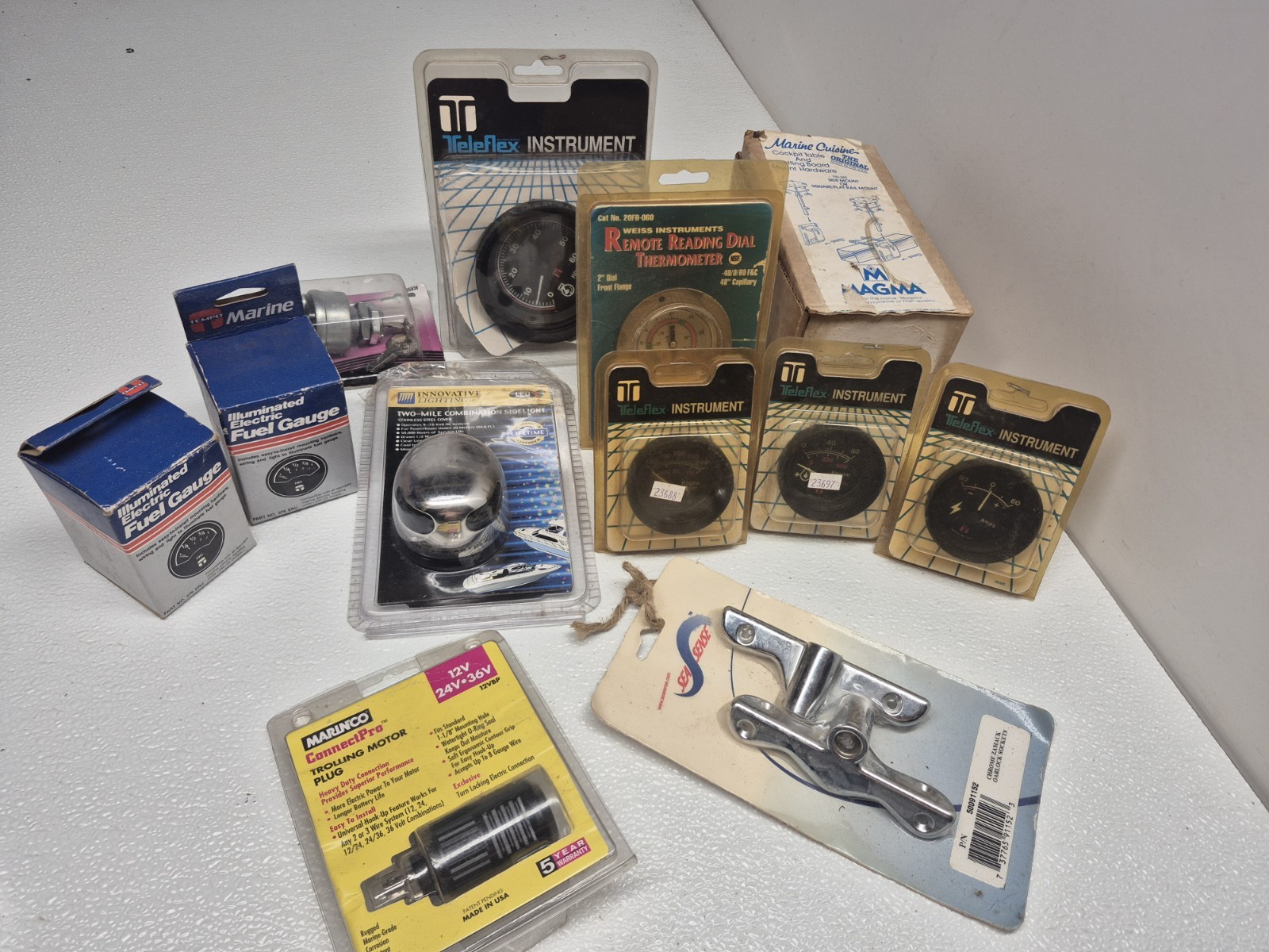 Vintage Marine Boat Instrument Lot NOS Teleflex Fuel Gauge Marinco Trolling Plug Vintage Marine Boat Instrument Lot NOS Teleflex Fuel Gauge Marinco Trolling Plug