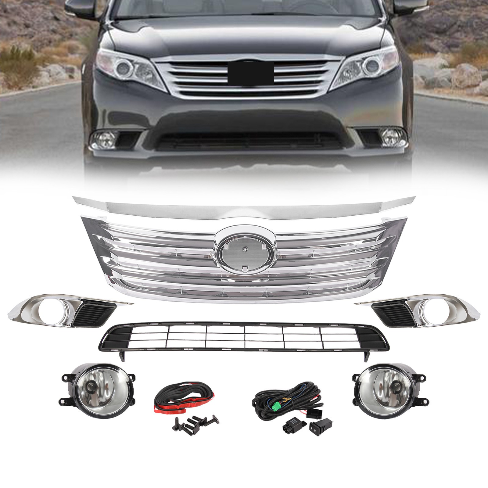 Front Upper Lower Grille With Fog Lamps+Covers 7Pcs For 2011-2012 Toyota Avalon Front Upper Lower Grille With Fog Lamps+Covers 7Pcs For 2011-2012 Toyota Avalon