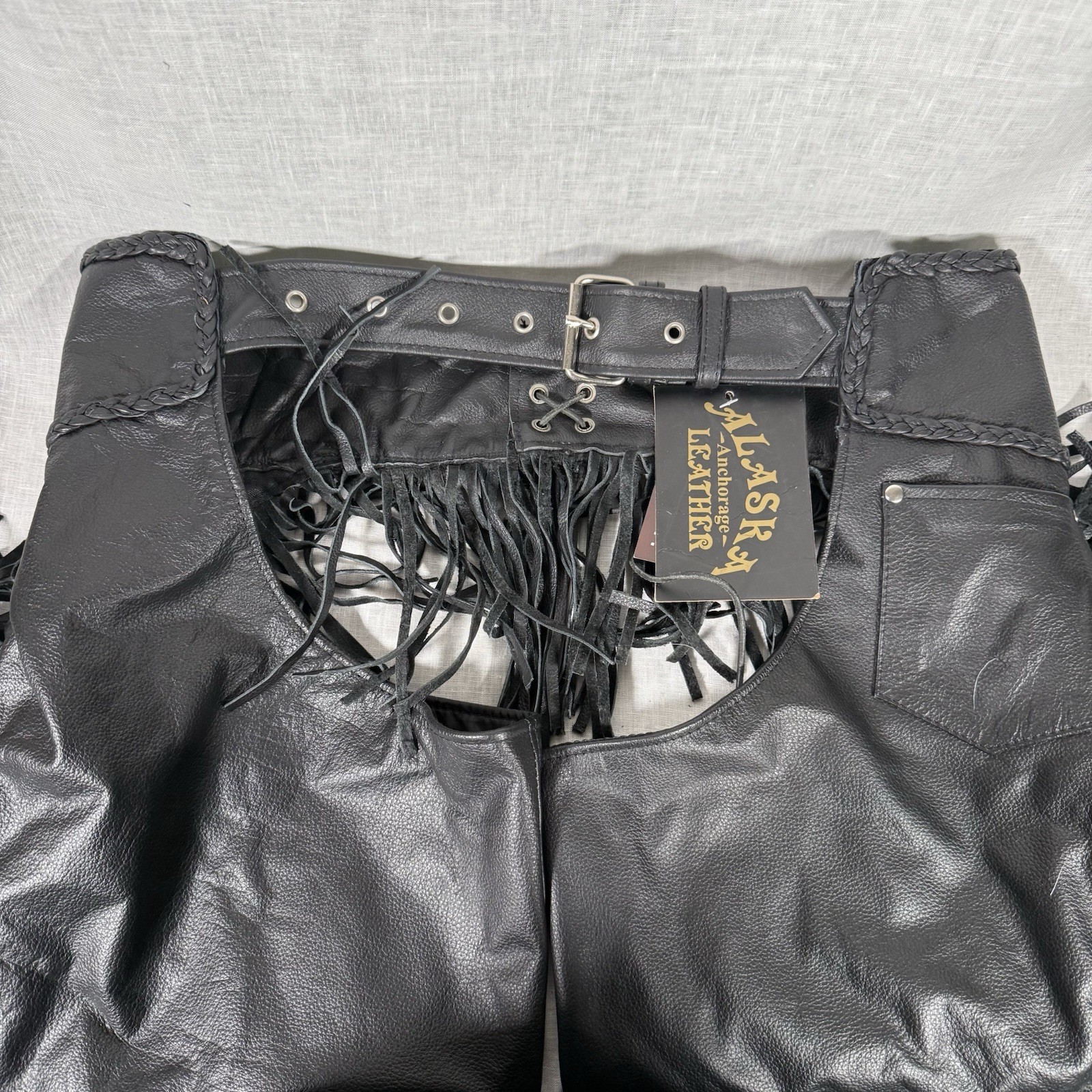 NWT Alaska Leather Black Biker Motorcycle Chaps Fringe Leather 2XL Pants Braided