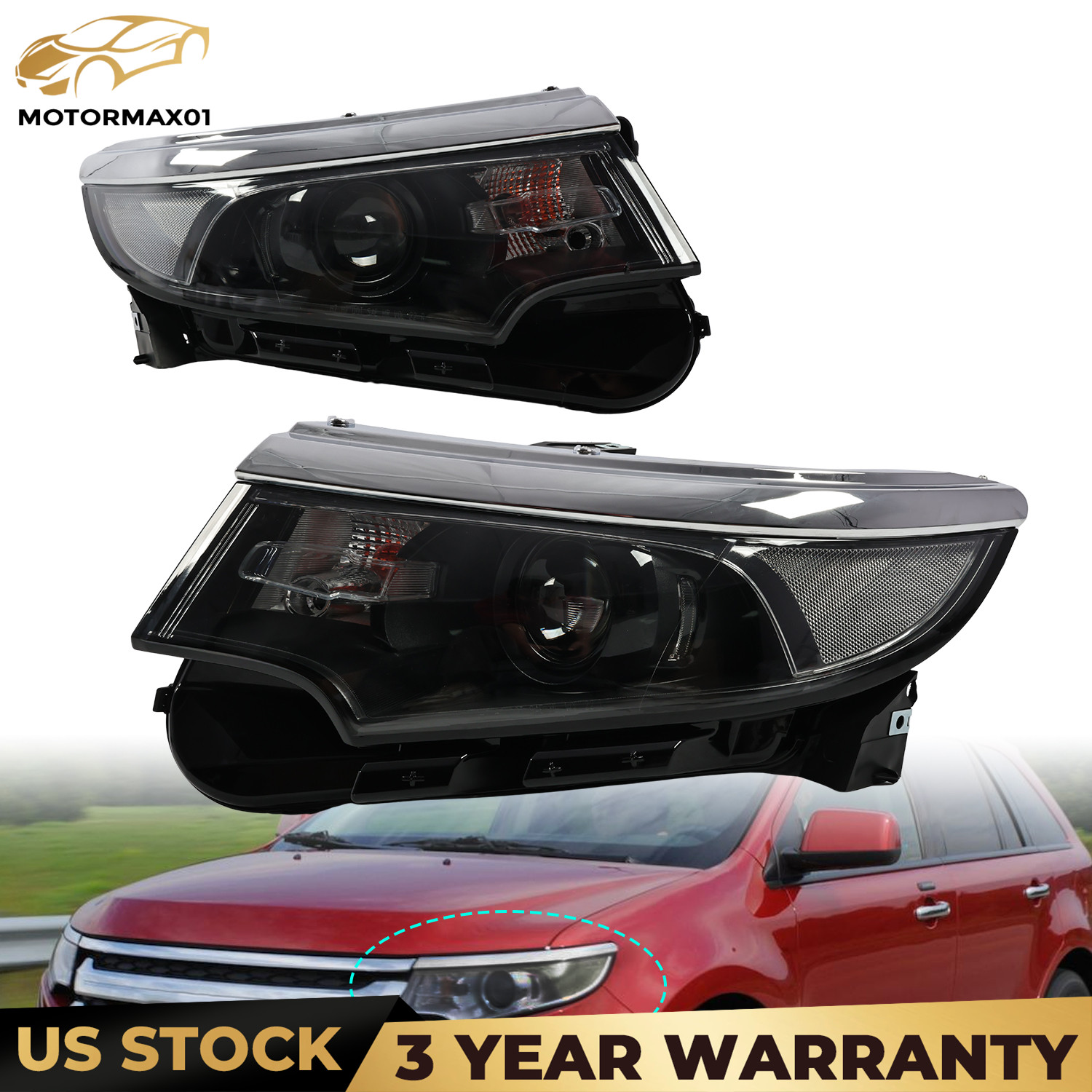 For Ford Edge 2011-2014 Black Halogen Headlamp Headlight Pair W/Bulbs