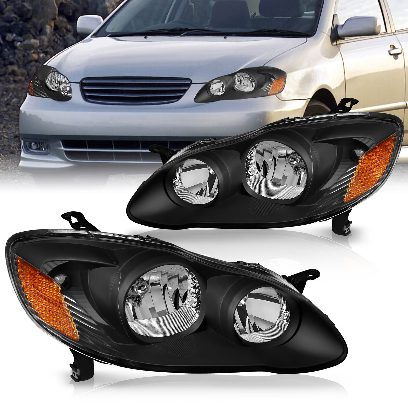 Left & Right Black Headlamps Headlights Assembly For 2003-2008 Toyota Corolla