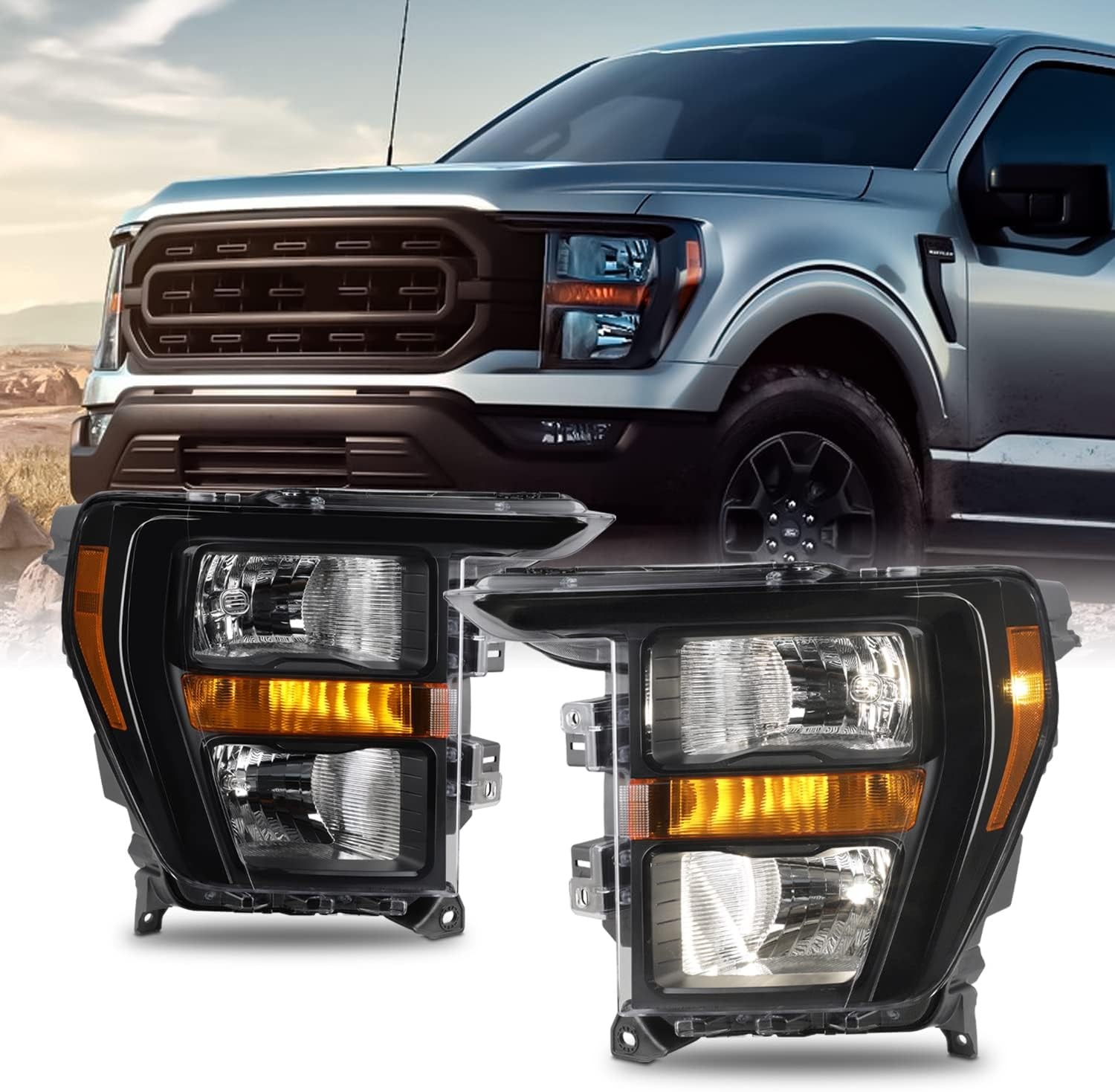 Left & Right Side Halogen Headlights Headlamps For 2021-2023 Ford F150 F-150