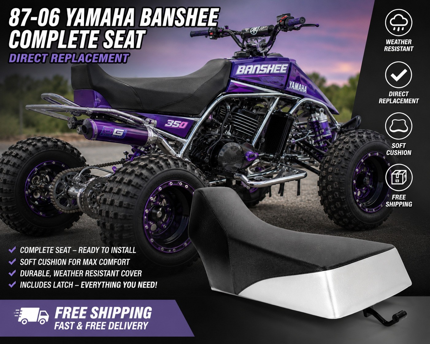 ✅ 87-06 Yamaha Banshee YFZ350 Complete Seat Assembly Black Silver w/ Latch