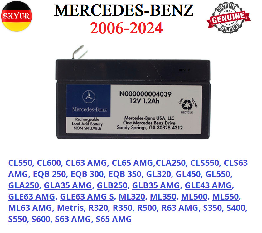 Genuine Auxiliary Backup Battery 12V - 1.2AH For 06-24 Mercedes-Benz Vehicles