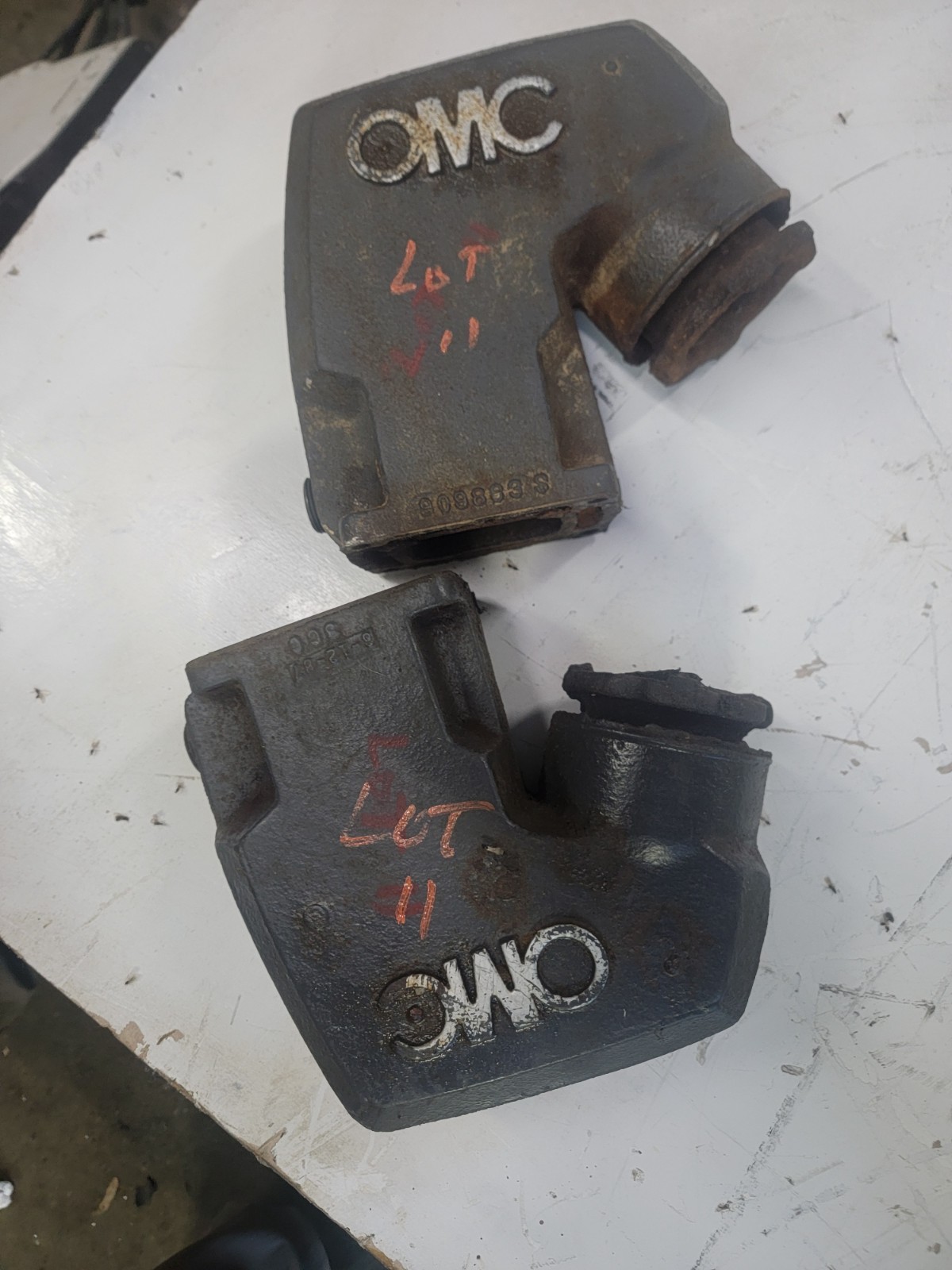OMC Cobra stringer exhaust elbow risers pair GM Lot 11 OMC Cobra stringer exhaust elbow risers pair GM Lot 11