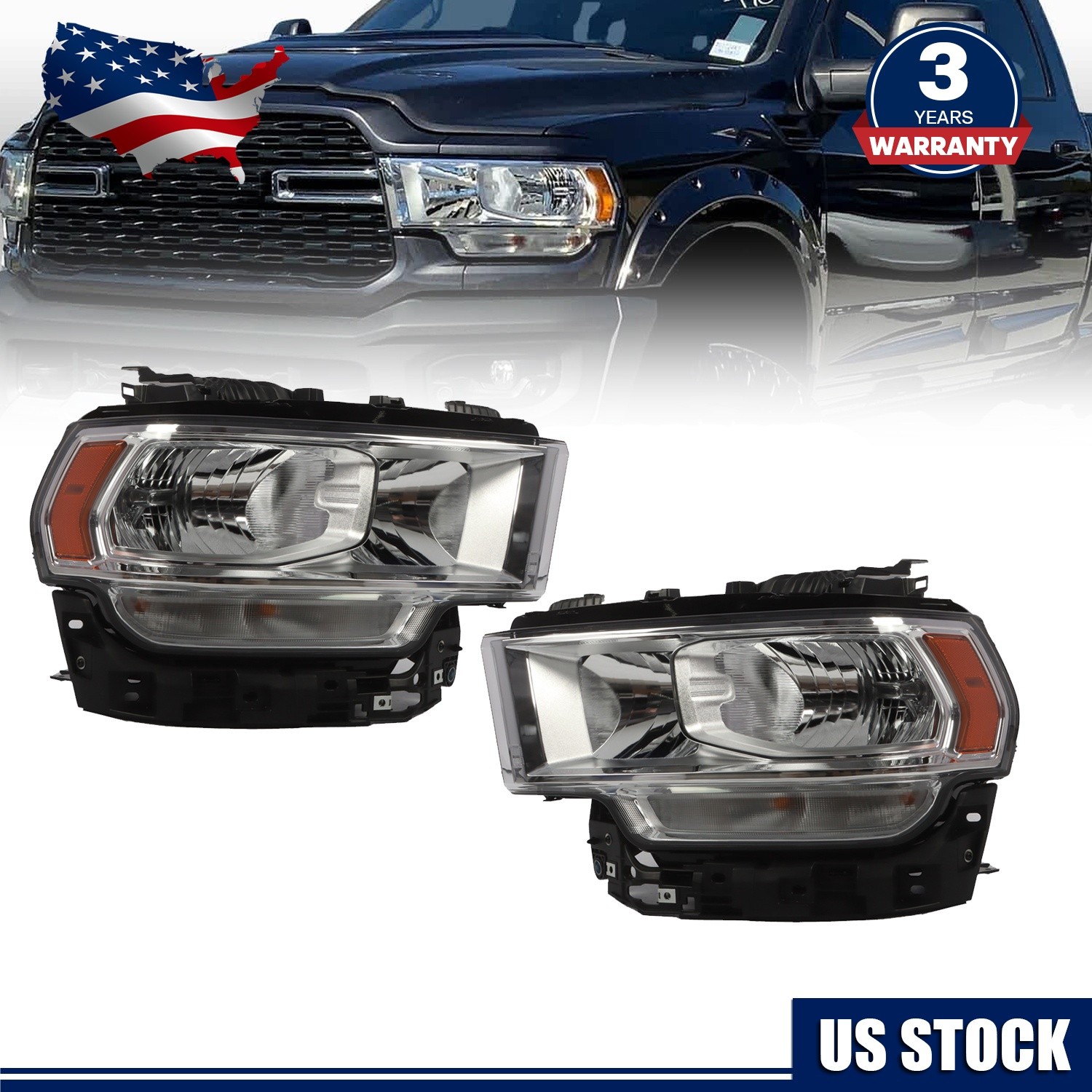 For 2019-2024 Ram 2500 3500 Halogen Chrome Headlights Headlamps Pair Left+Right