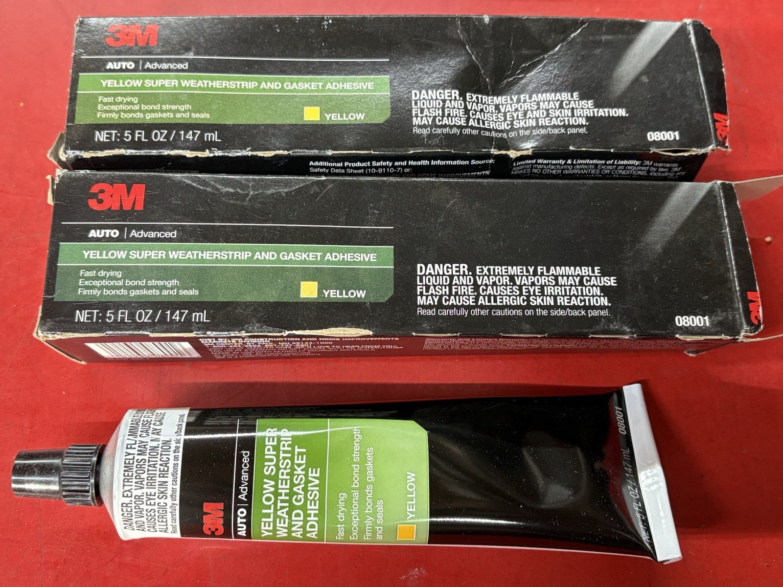 (2) TUBES 3M 08001 YELLOW SUPER WEATHERSTRIP AND GASKET ADHESIVE 5 oz. EACH (2) TUBES 3M 08001 YELLOW SUPER WEATHERSTRIP AND GASKET ADHESIVE 5 oz. EACH