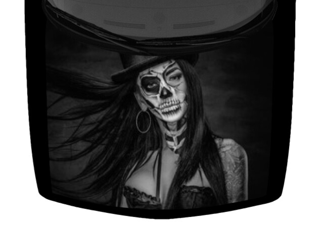 Painted Sugar Skull Woman Truck Hood Wrap Vinyl Car Graphic Decal Grayscale