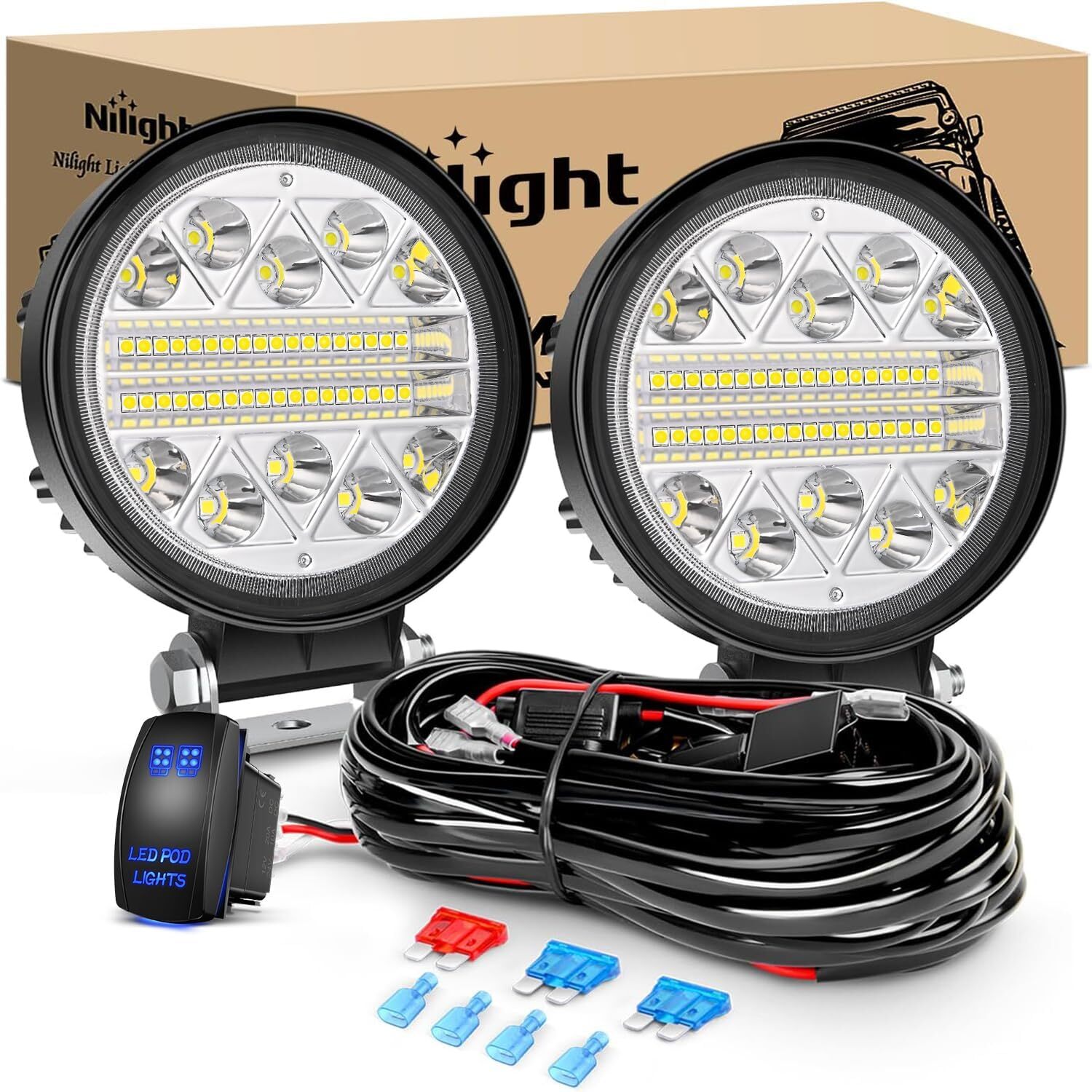 Nilight 2PCS 4.5 Inch LED Pods Round Spot Flood Combo Work Lights Wiring Harness Nilight 2PCS 4.5 Inch LED Pods Round Spot Flood Combo Work Lights Wiring Harness