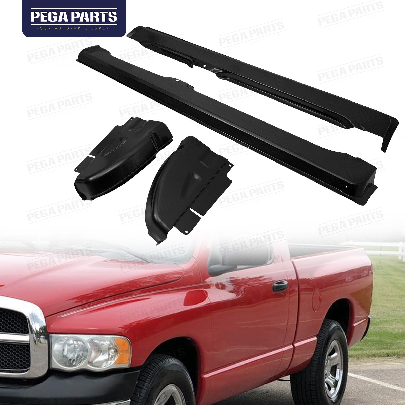 For 2002-2008 Ram 1500 2500 3500 Rocker Panels &Cab Corners Pair L&R Steel Black