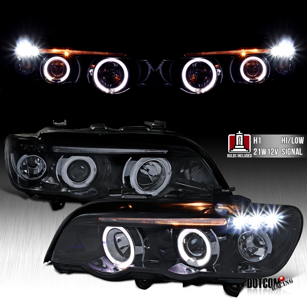 Fits 2001-2003 BMW X5 Dual Halo Projector Headlights LED Lamps Replacement Smoke