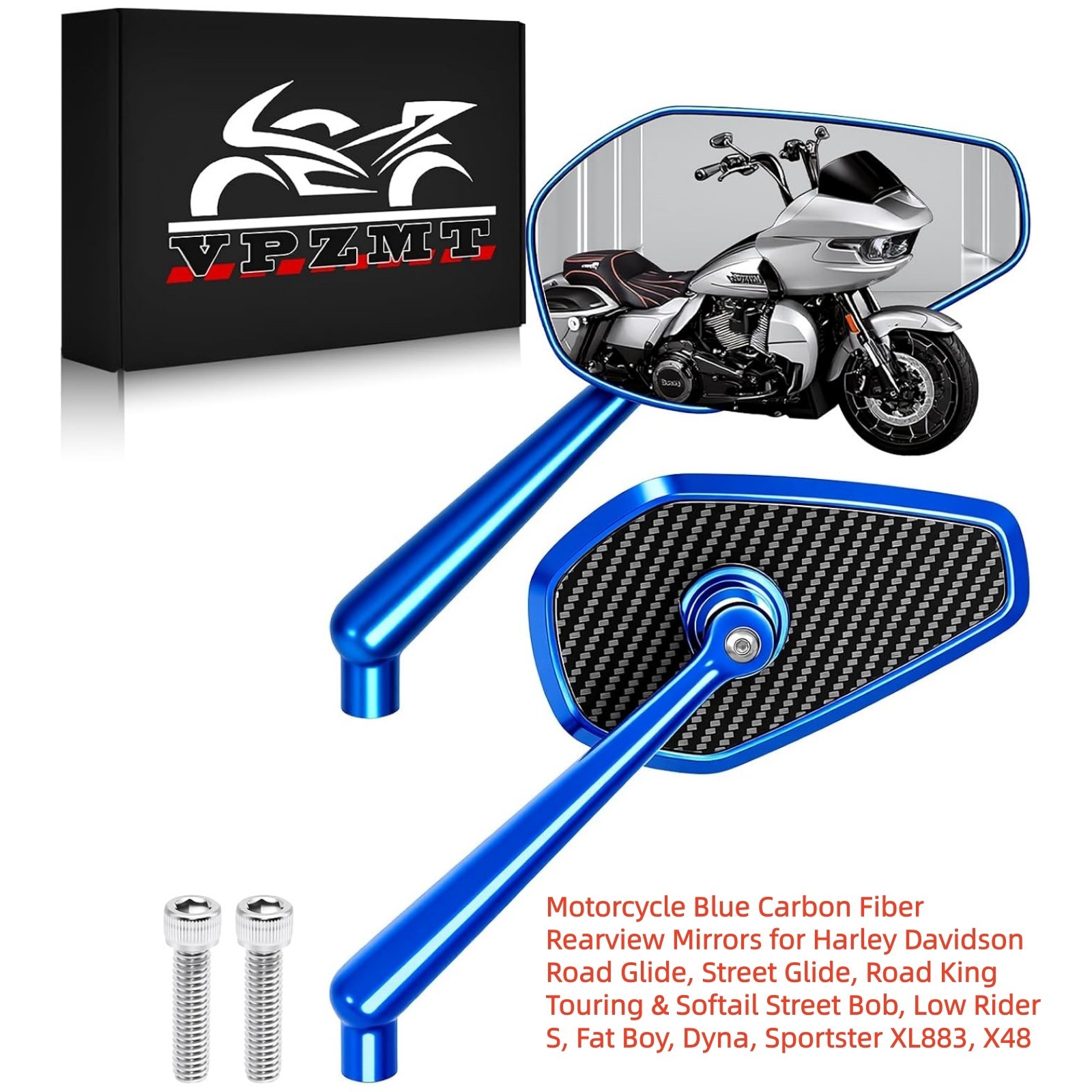 Blue Carbon Fiber Rearview Mirrors for Harley Touring Softail Dyna Sportster X48
