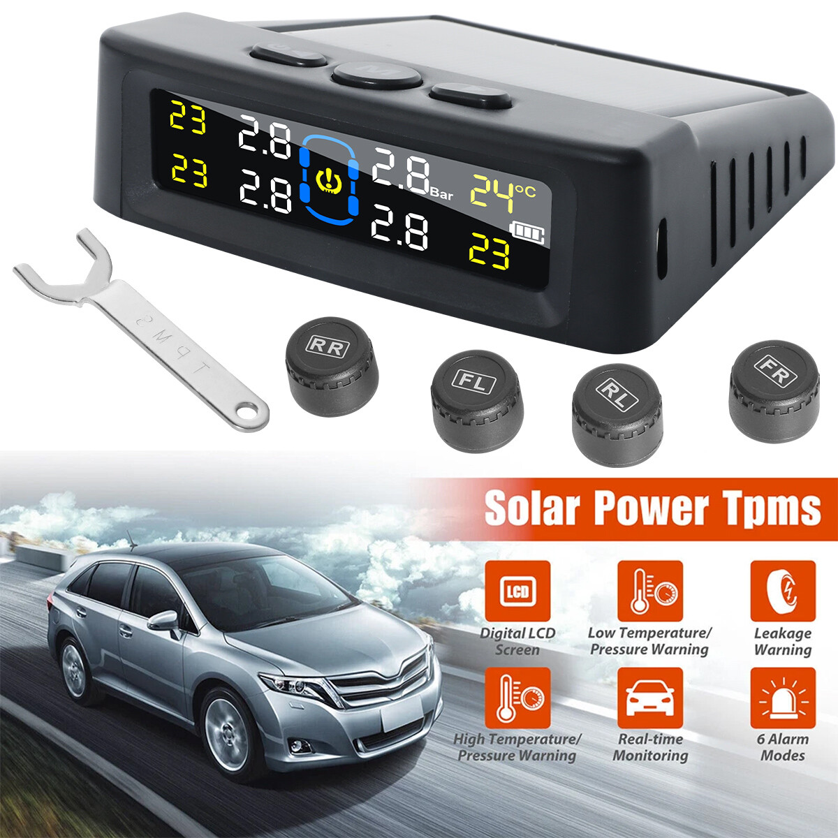 Car Wireless Solar TPMS LCD Tire Pressure Monitoring System + 4 External Sensors Car Wireless Solar TPMS LCD Tire Pressure Monitoring System + 4 External Sensors