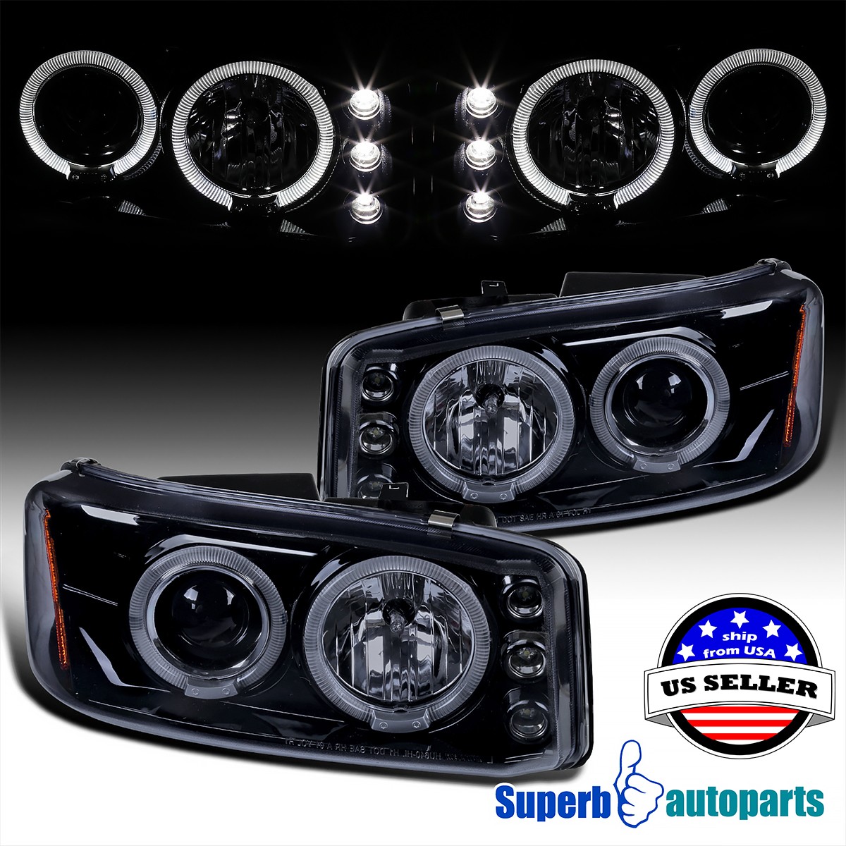 Fit 00-06 GMC Yukon Sierra Denali Glossy Black Smoke Halo Projector Headlights Fit 00-06 GMC Yukon Sierra Denali Glossy Black Smoke Halo Projector Headlights