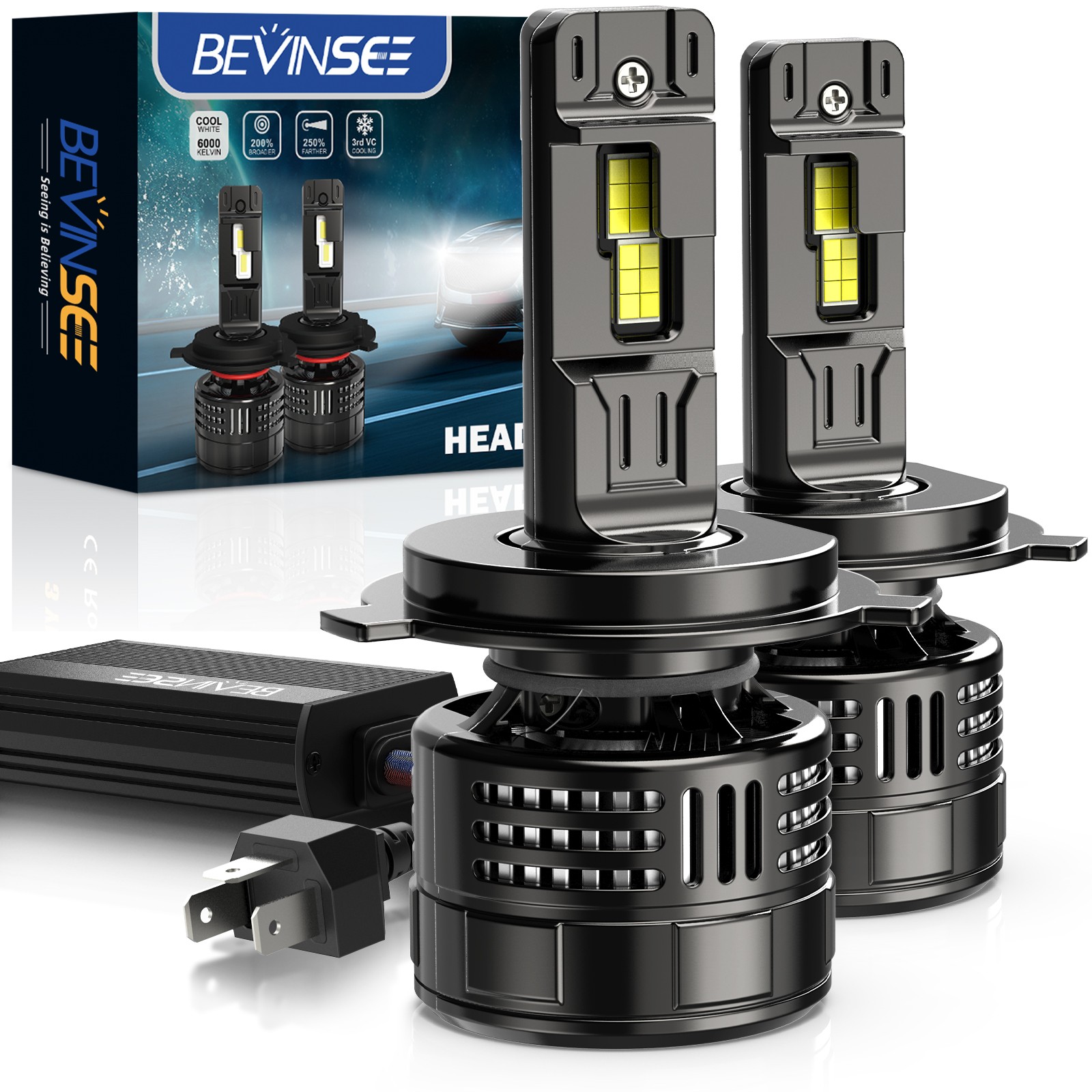 BEVINSEE V55 H4 9003 LED Headlight Bulbs 6000K Canbus Error Free 12V Hi/Low Beam
