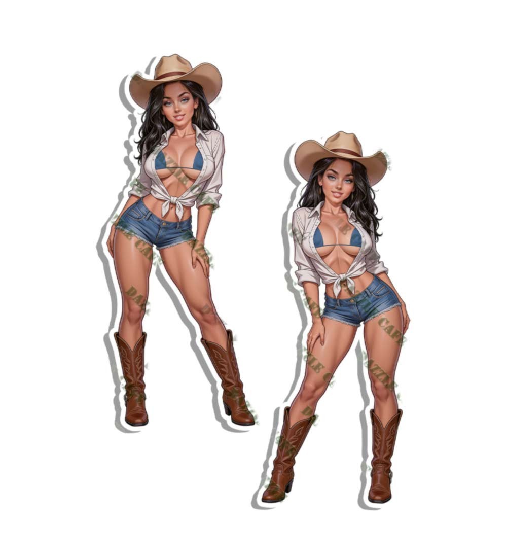 Brunette Cowgirl Bikini Denim Shorts Boots Pin Up Decal 2 PACK 36235