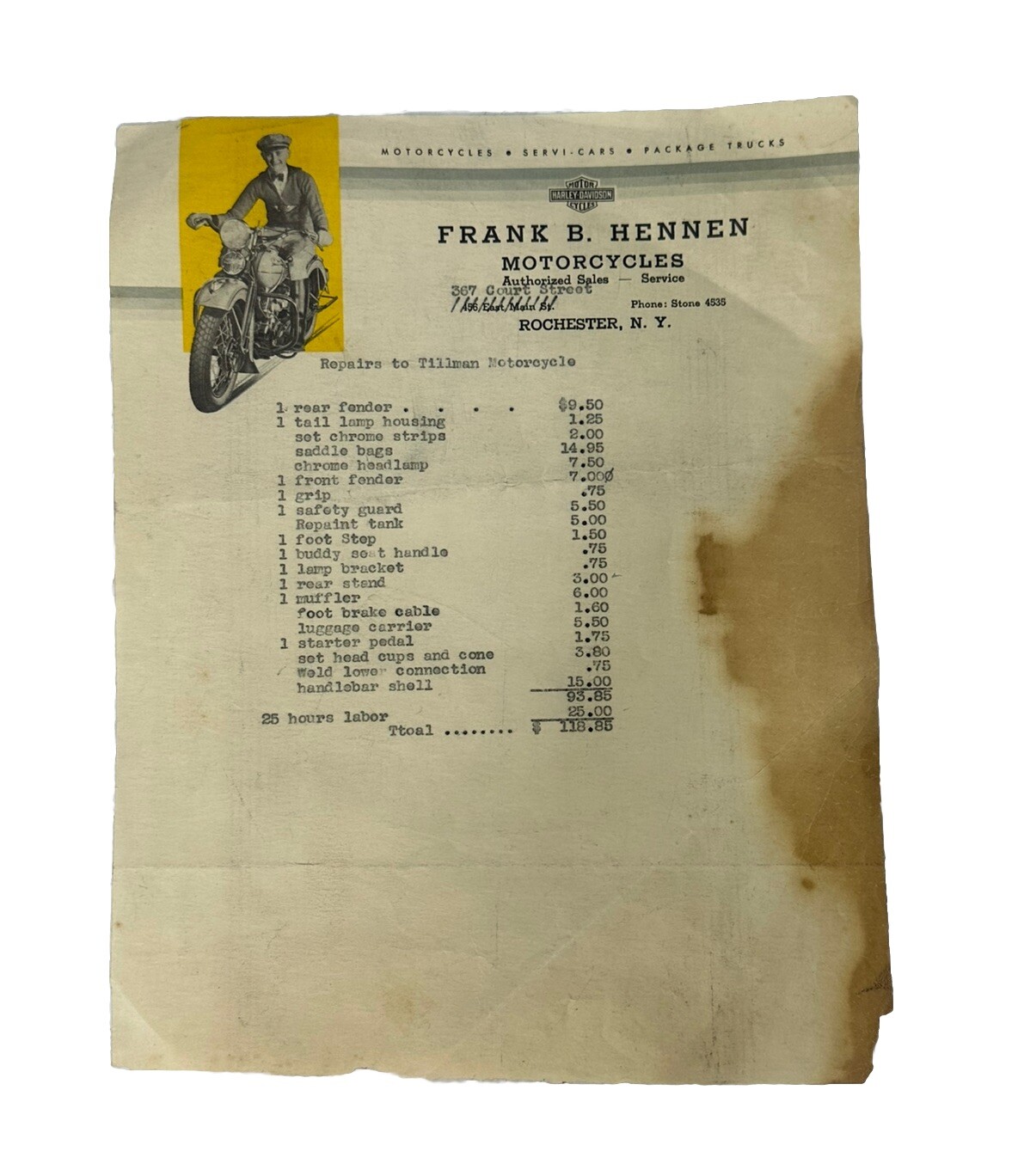 c1940 Harley Davidson Frank B. Hennon Dealer N.Y. Service Repair Estimate Ao c1940 Harley Davidson Frank B. Hennon Dealer N.Y. Service Repair Estimate Ao