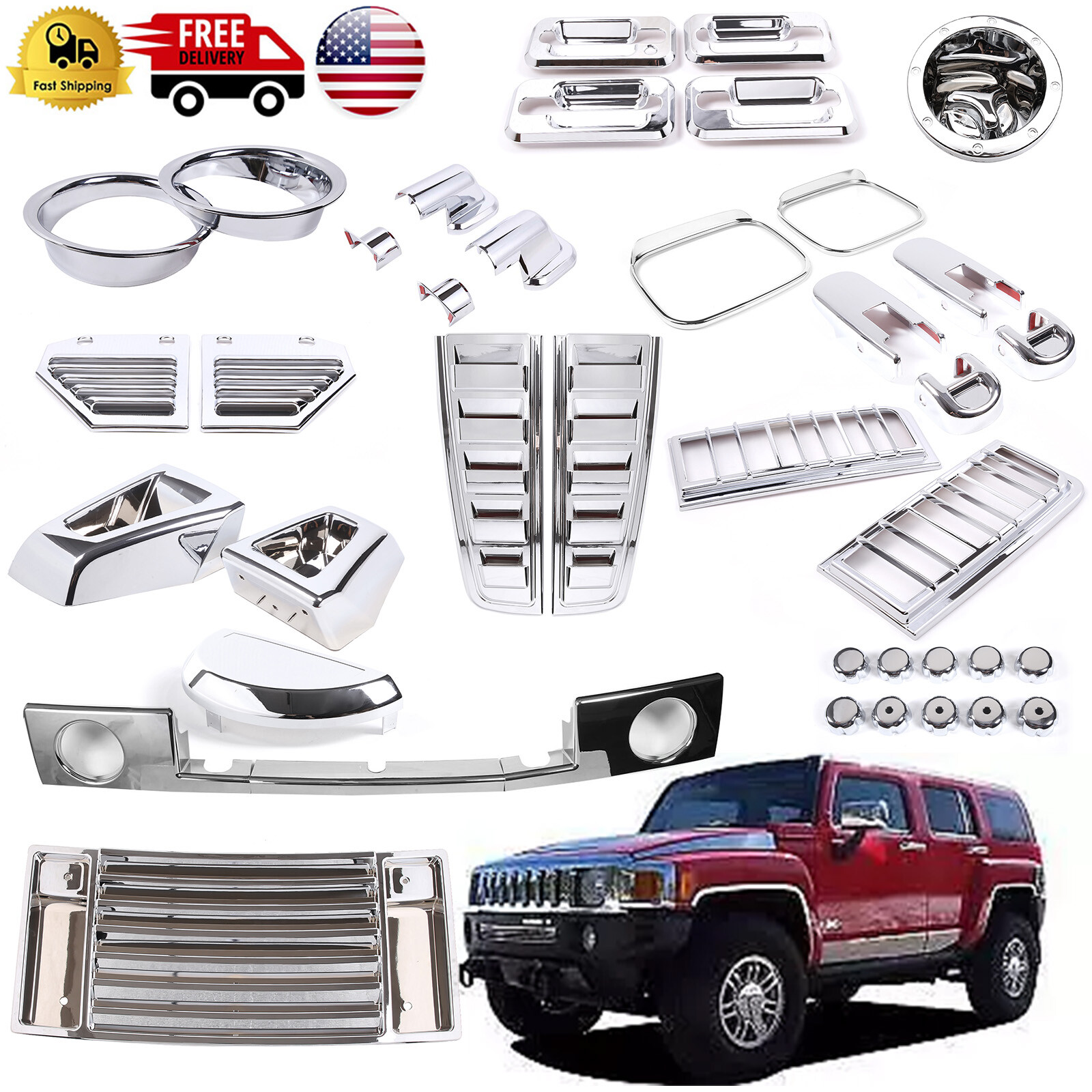 Silver Chrome Cover Trim Door Handle Mirror Hood Vent Kit For Hummer H2 2003-09