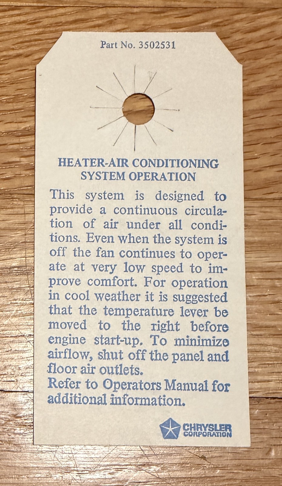 Original 1972 Chrysler Plymouth Dodge Heater/Air Conditioning HANG TAG Mopar A/C Original 1972 Chrysler Plymouth Dodge Heater/Air Conditioning HANG TAG Mopar A/C