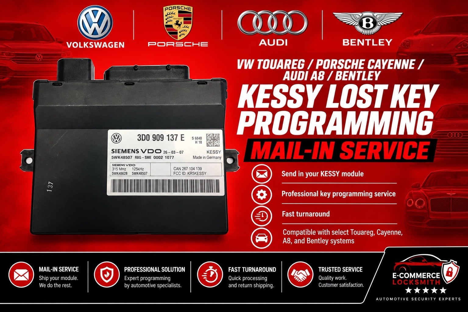 Touareg/Cayenne/A8/Bentley Kessy Lost Key Replacement Mail Programming Service