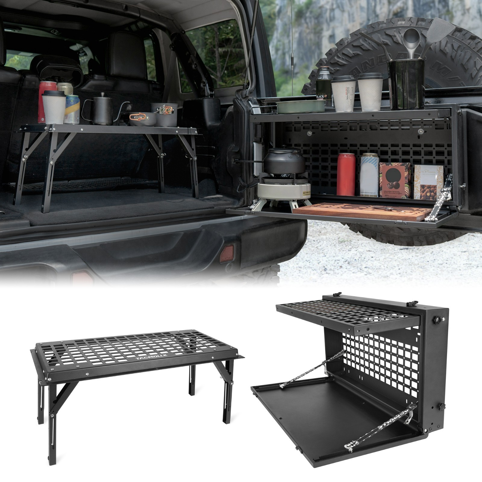 Tailgate Storage Box with Concealed Table for 2007+ Jeep Wrangler JK JL Tailgate Storage Box with Concealed Table for 2007+ Jeep Wrangler JK JL