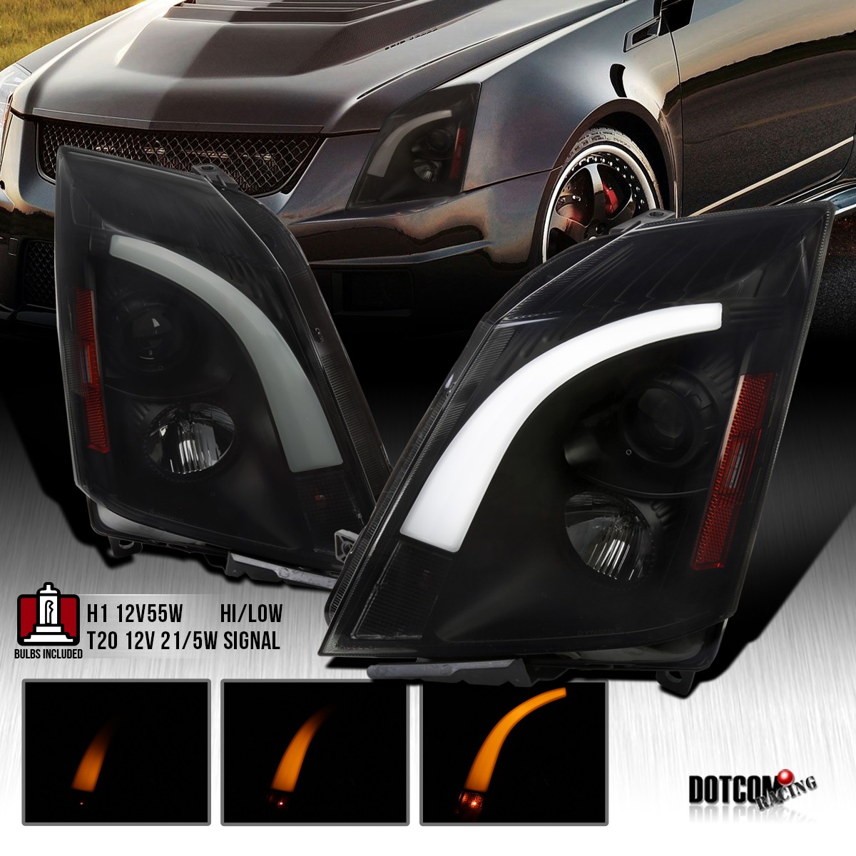 Fit 2008-2014 Cadillac CTS Black Smoke Projector Headlights LED Sequential Lamps Fit 2008-2014 Cadillac CTS Black Smoke Projector Headlights LED Sequential Lamps