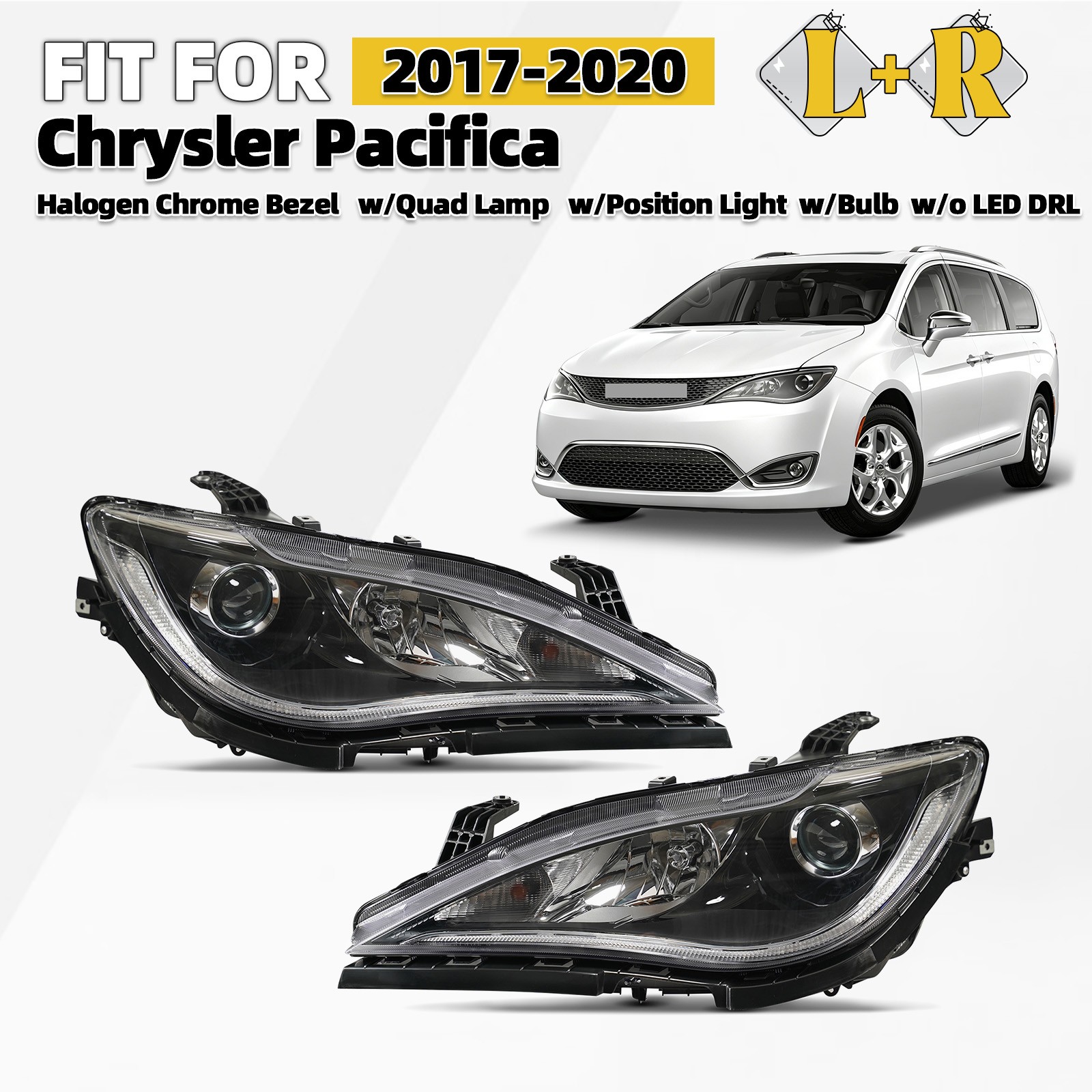 For 2017-2020 Chrysler Pacifica Halogen Headlight Chrome Bezel Left+Right Pair For 2017-2020 Chrysler Pacifica Halogen Headlight Chrome Bezel Left+Right Pair