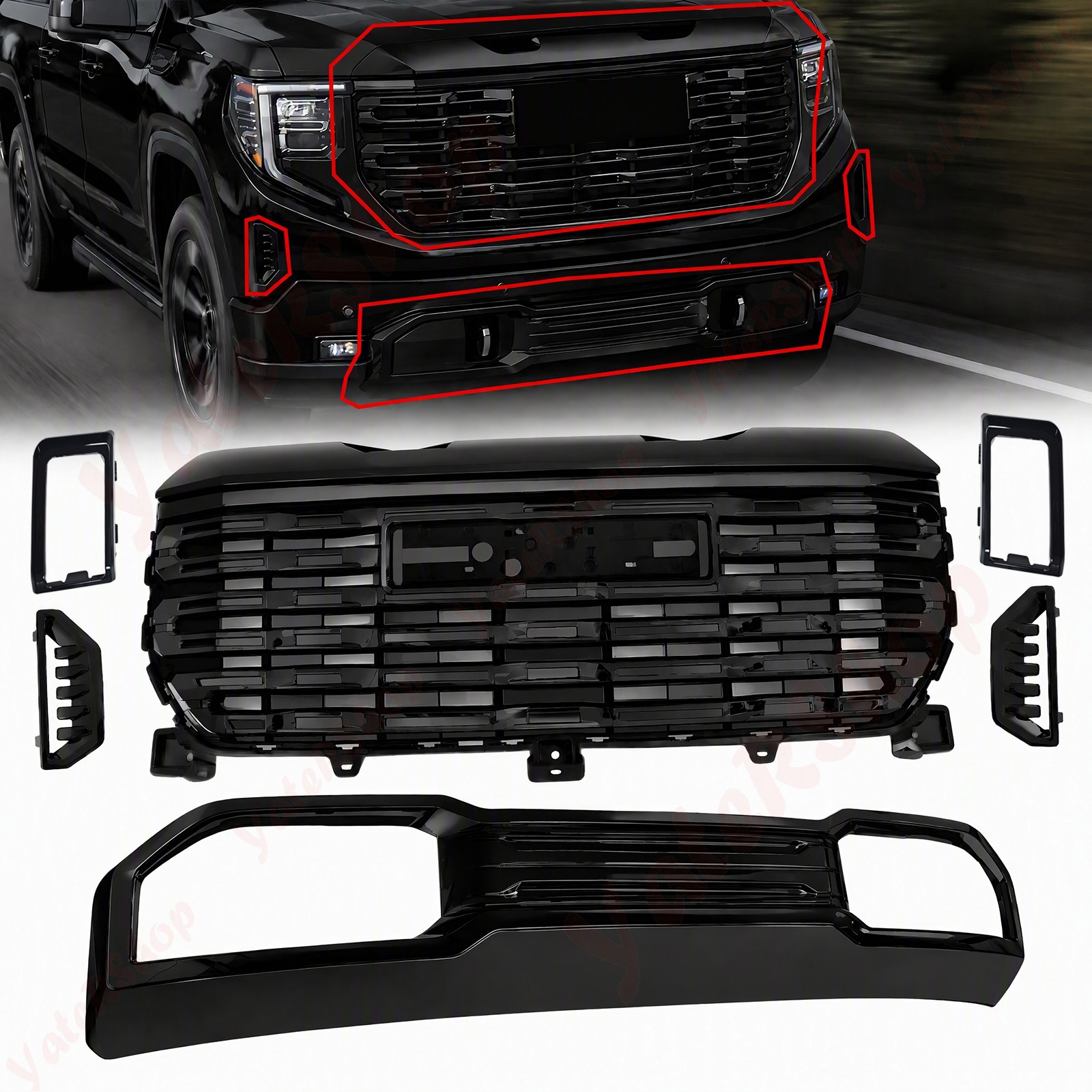 For 2022-2025 GMC Sierra 1500 Front Bumper Grille+Lower Grill Black w/Air Duct