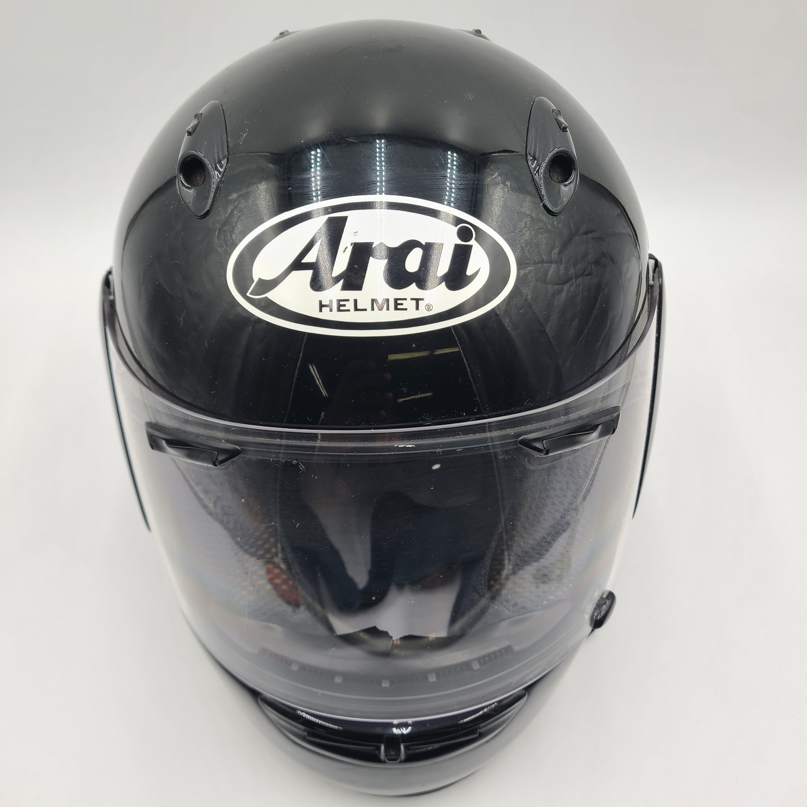 E1 Arai Quantum I F Snell DOT Black Full Face Helmet. Large 7 1/4 - 7 3/8 E1 Arai Quantum I F Snell DOT Black Full Face Helmet. Large 7 1/4 - 7 3/8