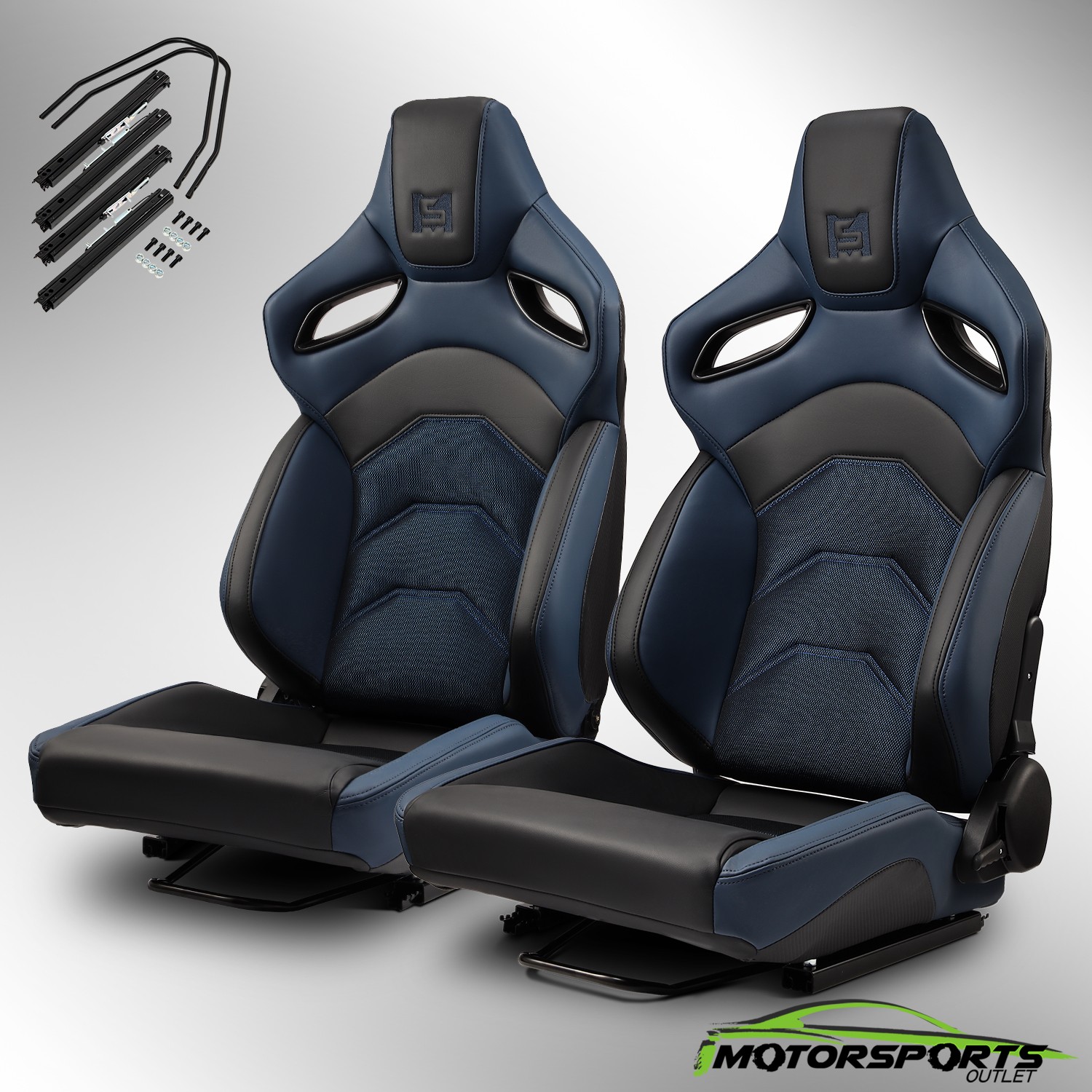 [Dark Knight Series] Black-Blue Reclinable PVC Racing Seats Pair w/Sliders