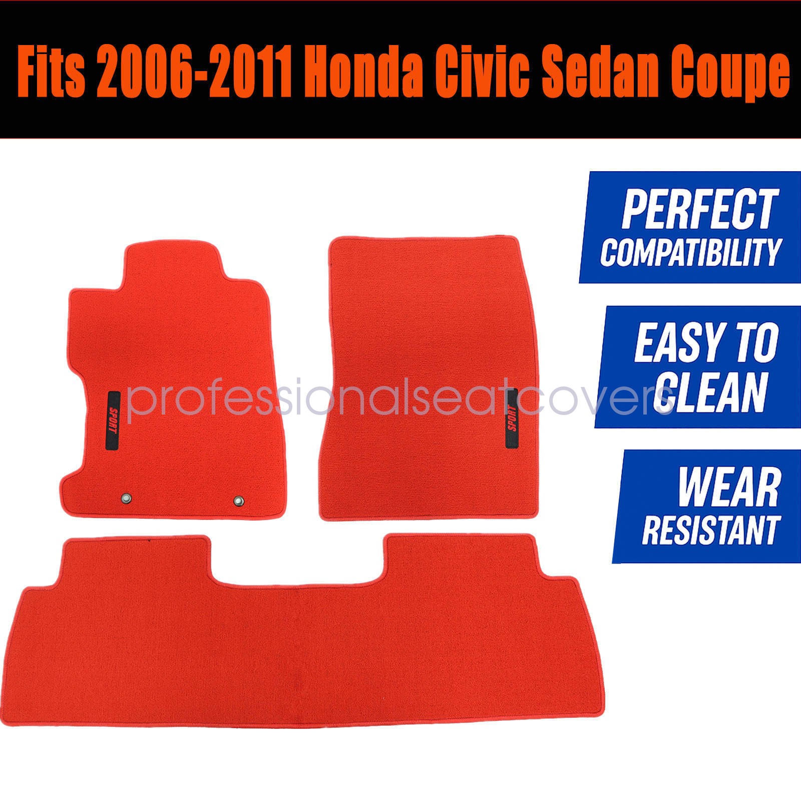 Front & Rear Floor Mats Carpet Waterproof Red Velour For 2006-2011 Honda Civic
