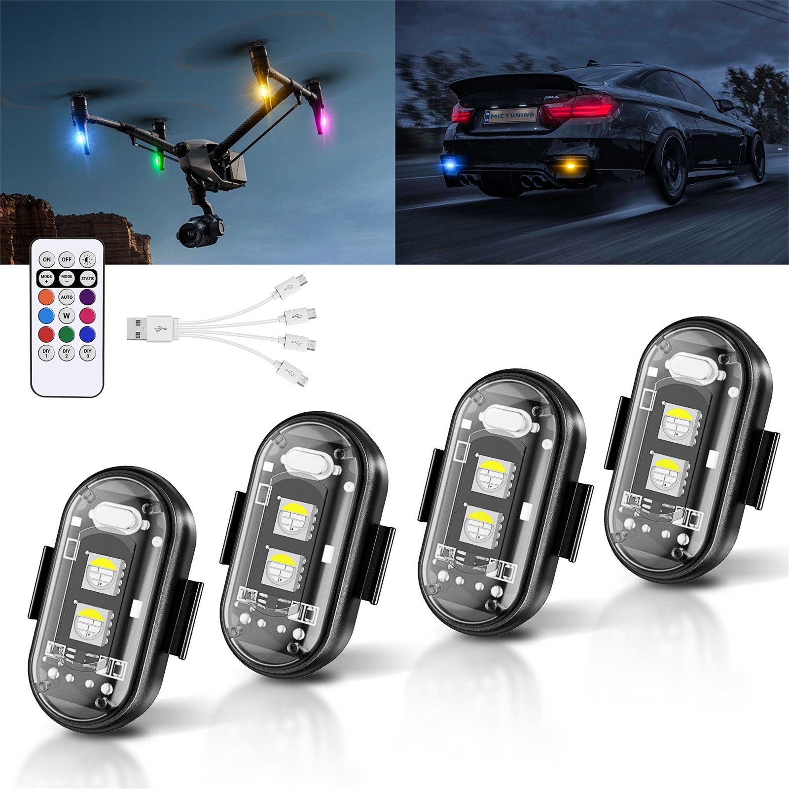 Wireless RGB LED Strobe Light for Car Bikes Drone 12-24 Pods Remote Control Lamp