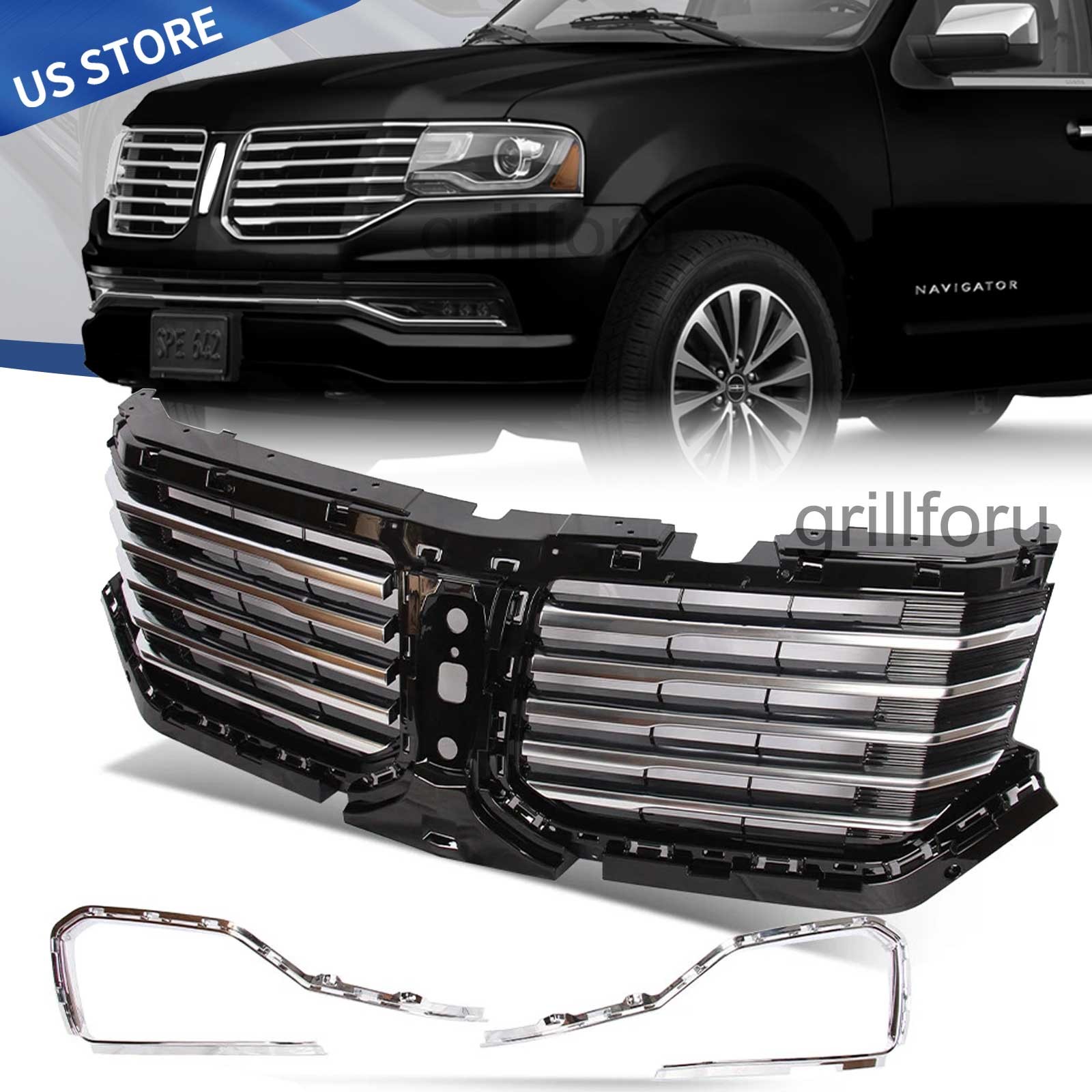 FOR 2015-2017 Lincoln Navigator Front Upper Grille Grill Black With Chrome Trim