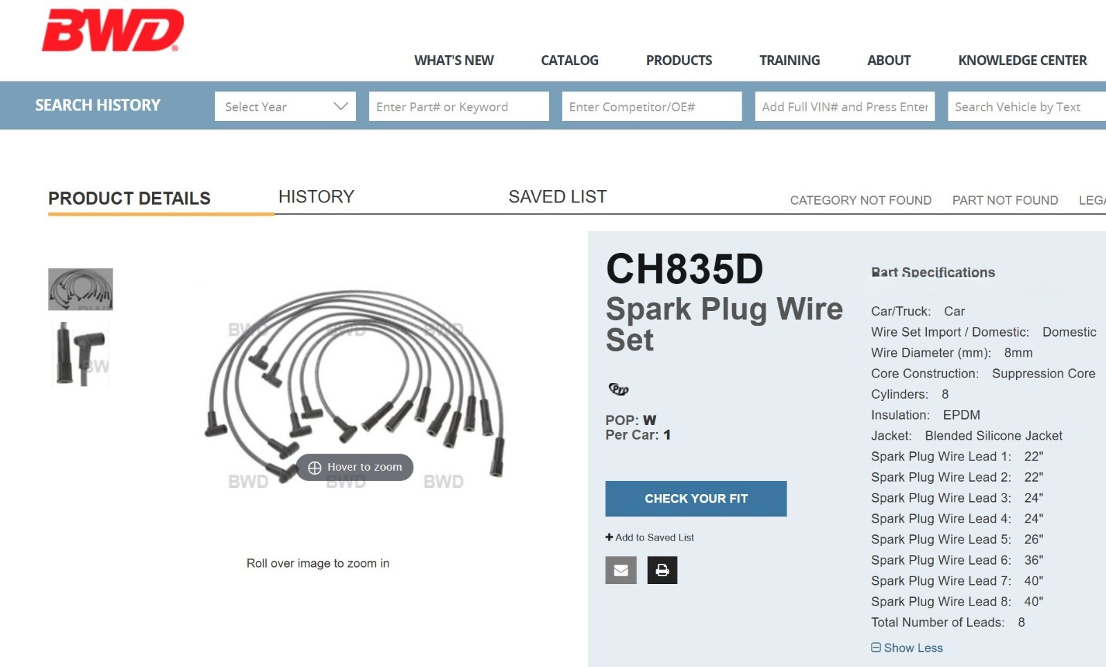 New Borg Warner BWD Ignition Spark Plug Wire Set CH835