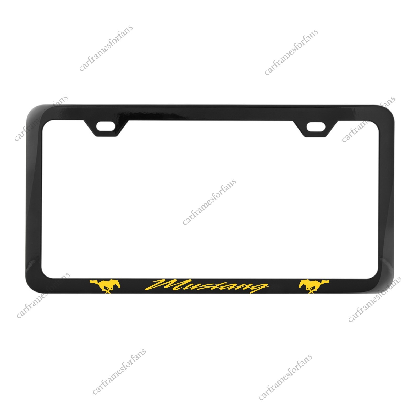 Mustang Yellow Slim License Plate Frame Premium Black Powder Coated Metal