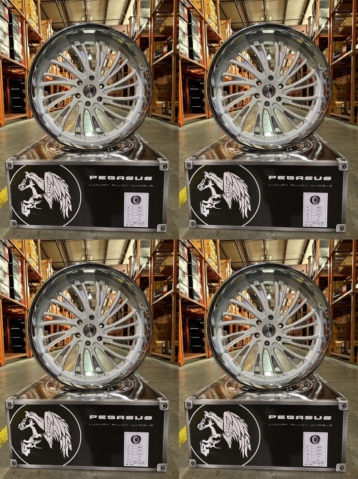 Set of 4 Pegasus CW870 24x10 6x139.7 24 White Milled Chrome Aluminum Wheels