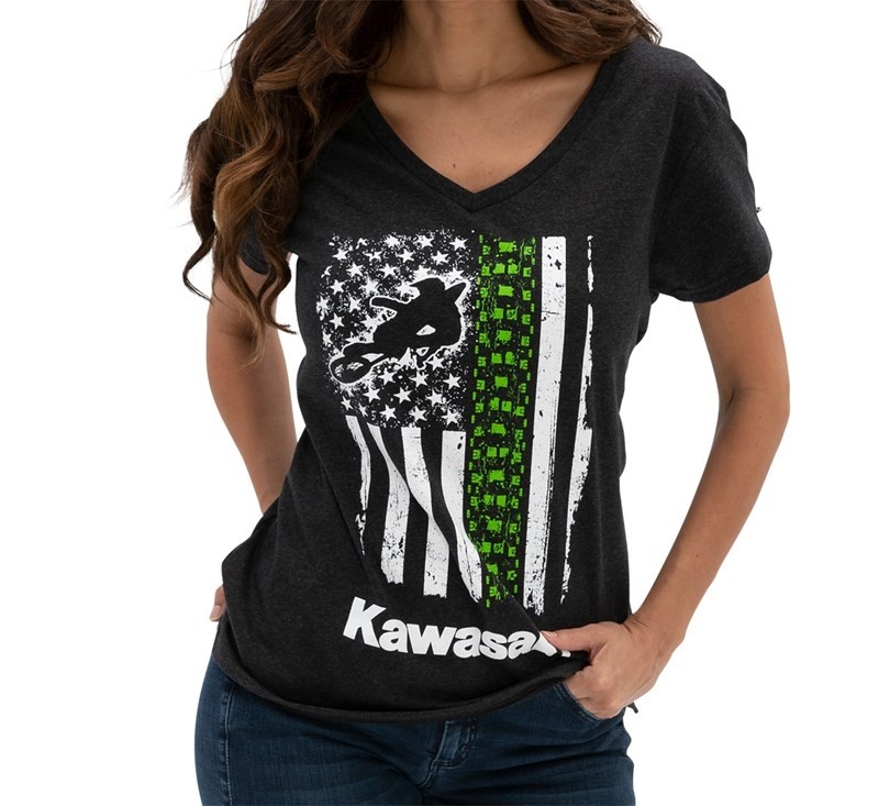 Kawasaki Motorcycle K0112592BKSM Flag V-Neck Womens Tee Kawasaki Motorcycle K0112592BKSM Flag V-Neck Womens Tee